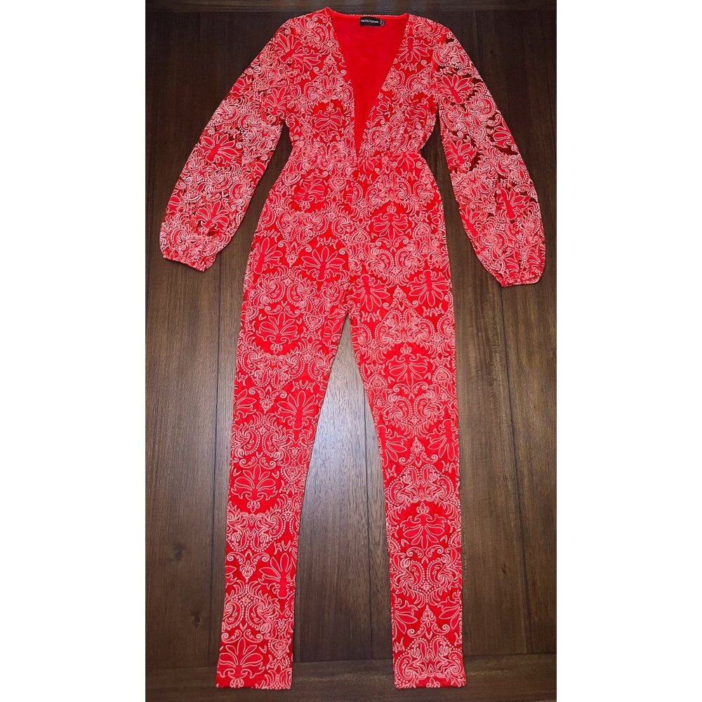 PrettyLittleThing Red Paisley Damask V-Neck Balloon Sleeve Jumpsuit USA‎ 0 UK 4